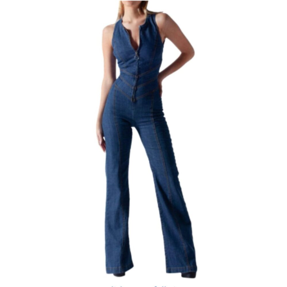 Denim Jumpsuit Wide Leg Retro Heart Shaped Cutout XXL